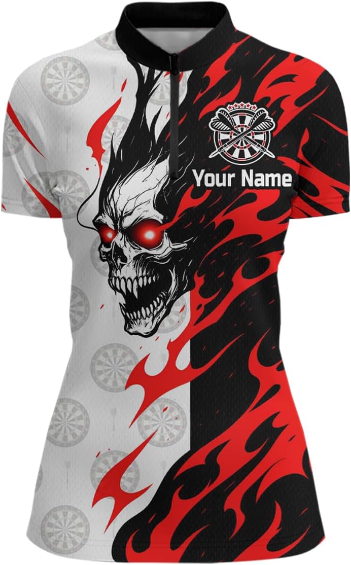 Red and Black Flaming Dart Shirt for Team Men Women Dart Shirts Custom Dart Jersey Dartboard Shirt Polo and Quarter-Zip Shirt