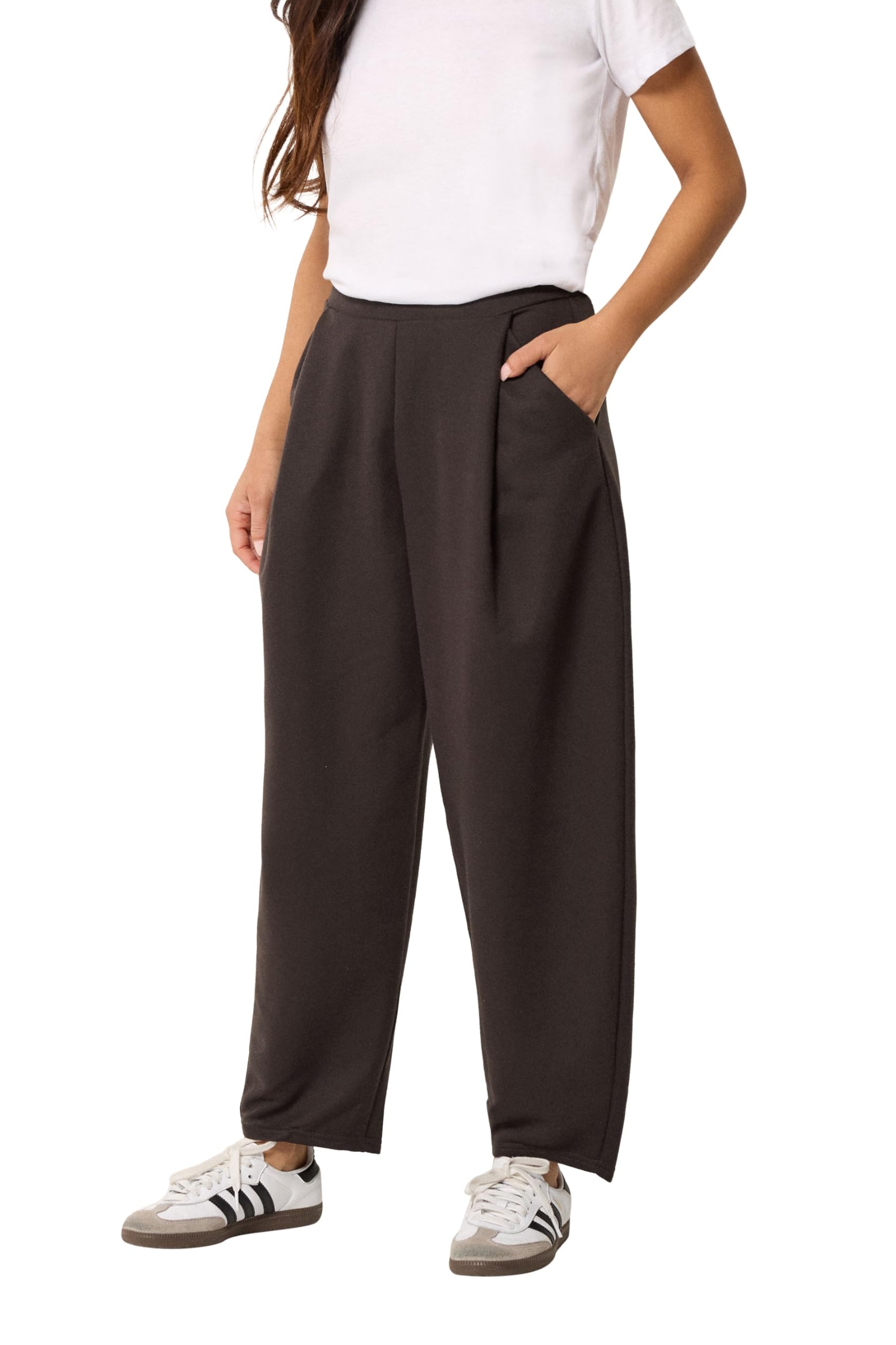 Pixiegirl Women's Chocolate Petite Brown Textured Barrel Trousers Petite