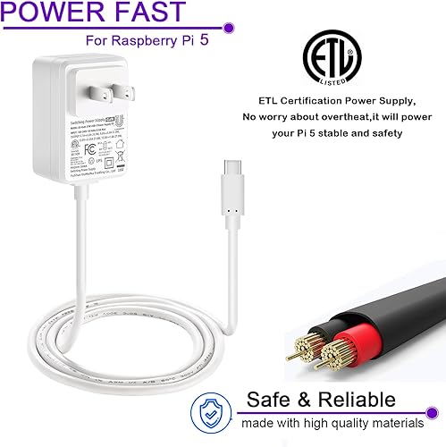 Miniatura 4 de PD - Fuente de alimentación USB-C de 27 W para Raspberry Pi 5, longitud del cable de 47 pulgadas, 5.1 V, 5 A, GaN PD 27 W, fuente de alimentación