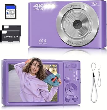 Digital Camera, Autofocus 4K Camera for Photography with 64GB Card, 44MP Portable Compact Point and Shoot Digital Camera for Teens Adult Kids Beginner with 16X Zoom, Anti-Shake (Hell Purple)