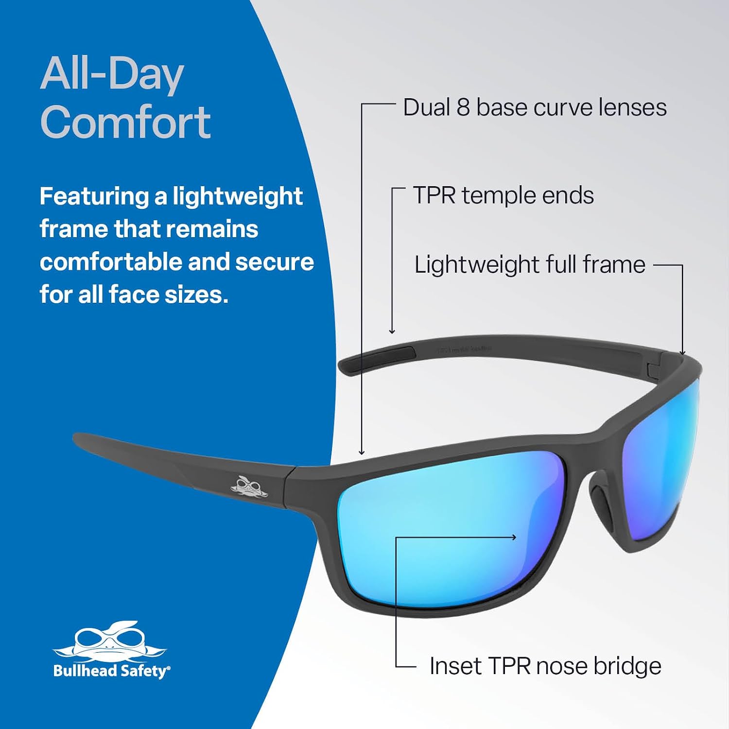 Bullhead Safety Crevalle Safety Glasses, Anti-Fog and Scratch Resistant, Precision Lens with UV Protection, Comfortable and Lightweight, Blue Mirror Lens and Matte Gray Full-Frame, One Size