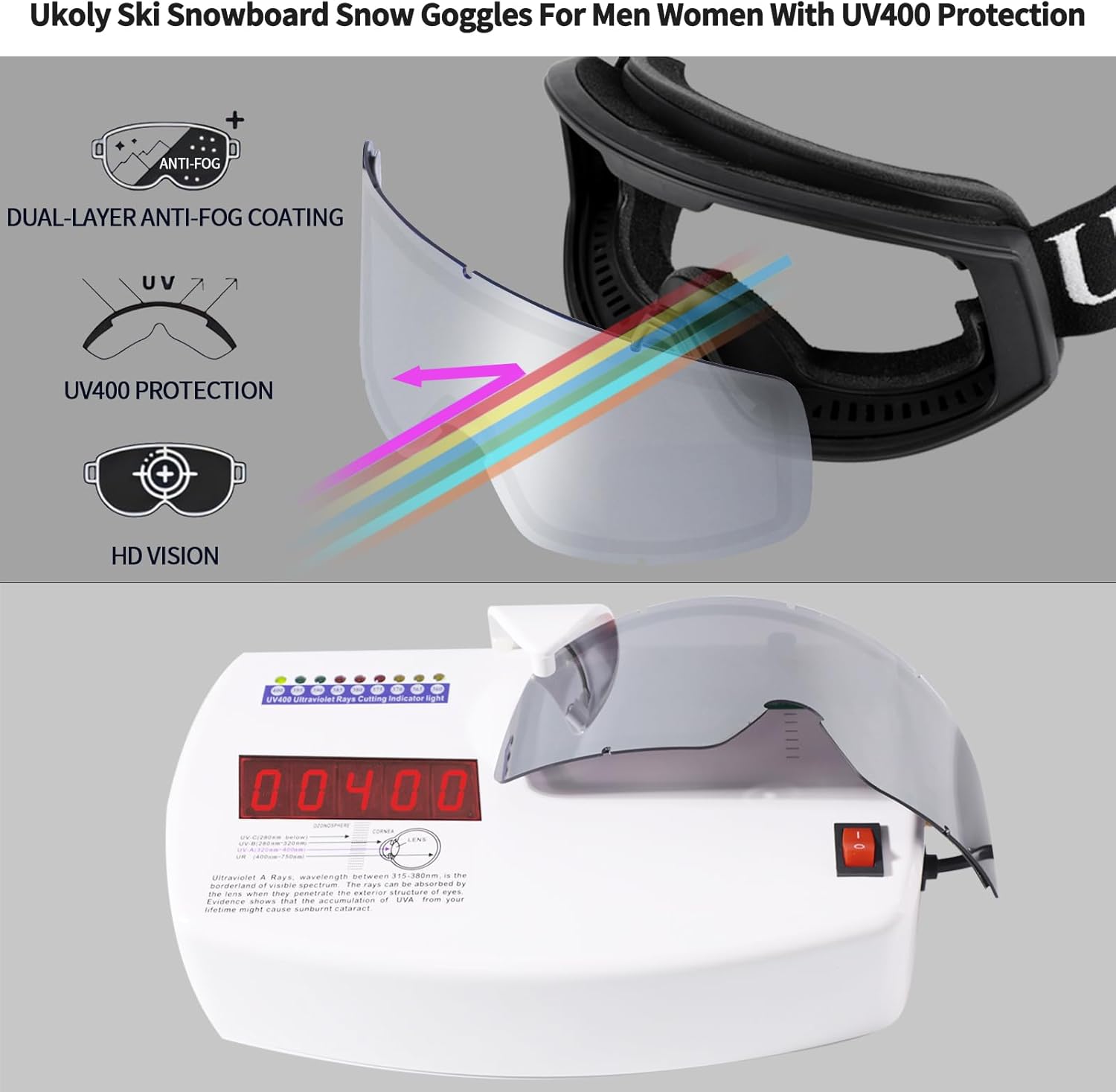 Ukoly Ski/Snowboard Goggles for Men Women, Snow Goggles HD Lens Anti-Fog Coating OTG Design UV400 Protection Windproof