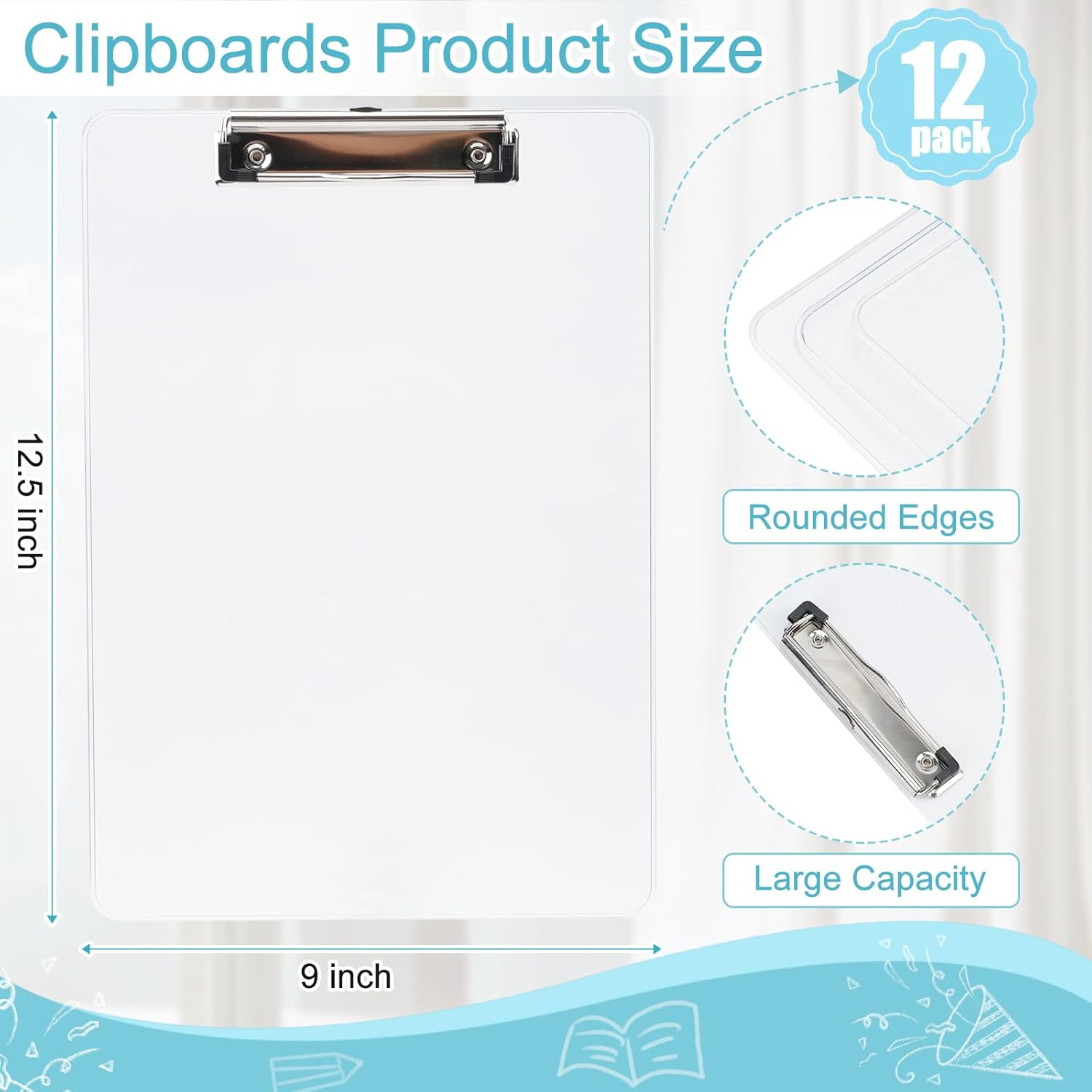 Plastic Clipboards A4/Letter Size (12.5" x 9" Inch),12 Pack Transparent Colored Writing Boards with Hanging Loops & Low-Profile Clips, Lightweight & Sturdy for Office, School, Art Projects