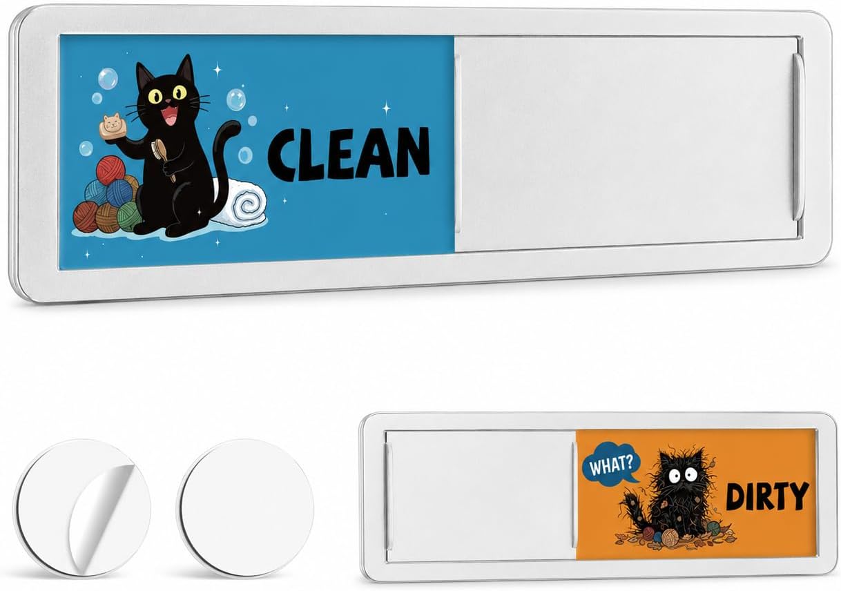 Black Cat Dishwasher Magnet Clean Dirty Sign, Funny Sliding Dishwasher Status Magnet with Magnetic Backing & Adhesive Sticker, Cute Kitchen Indicator for Dishwasher, Cat Lover Kitchen Decor