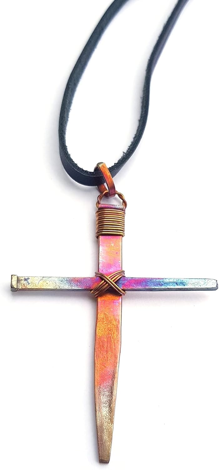 Rustic Copper Nail Cross Necklace – Handmade Large Nail cross Necklace on 24” Genuine Leather Cord – Unisex Christian Jewelry – Faith & Religious Gifts for Men and Women - Image 5