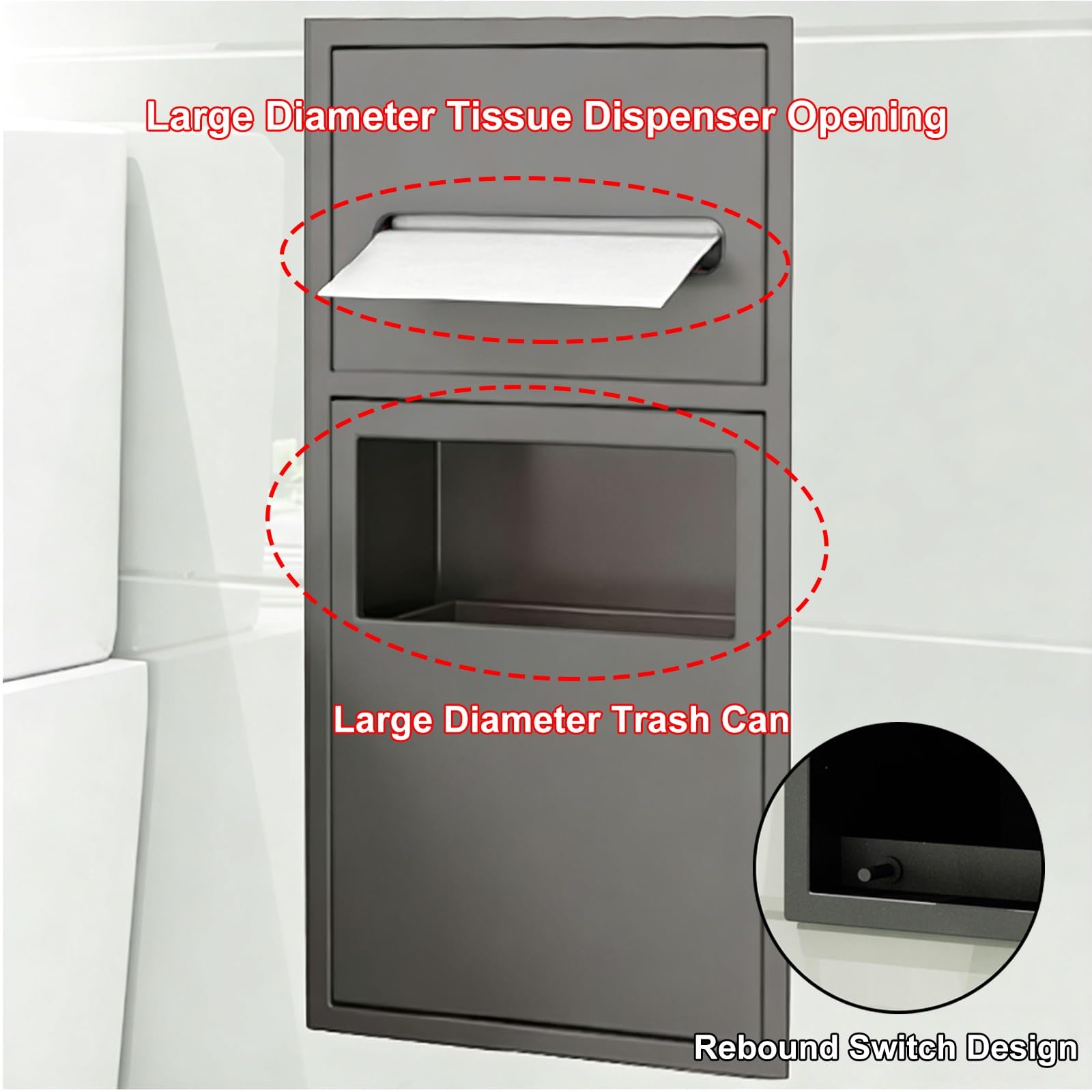 Dispensador Papel Secamanos Empotrado, Dispensador de Toallas de Papel de Acero Inoxidable 304, Bote de Basura de Gran Diámetro de 8 L para Uso Comercial, Baño(White)