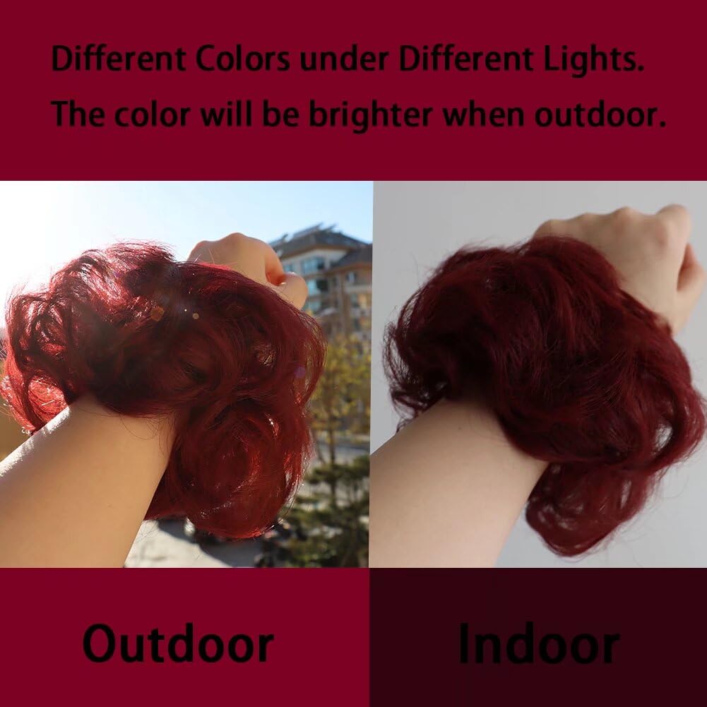 LaLuLoLi Hair Bun Updo Hairpiece Scrunchy Curly Wavy Chignons Violet Red Color Synthetic Wig Wine Red Hair Extensions for Women 2pcs/pack #118 - Image 2