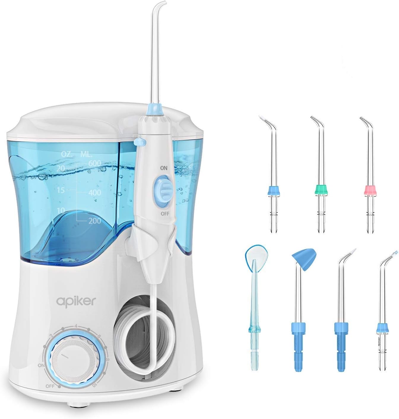 Water Flosser with 8 Multifunctional Tips, Apiker Oral Irrigator Family Dental Water Jet Flosser for Teeth Braces, 10 Pressure Setting and 600ml Water Tank (White) (650ml)