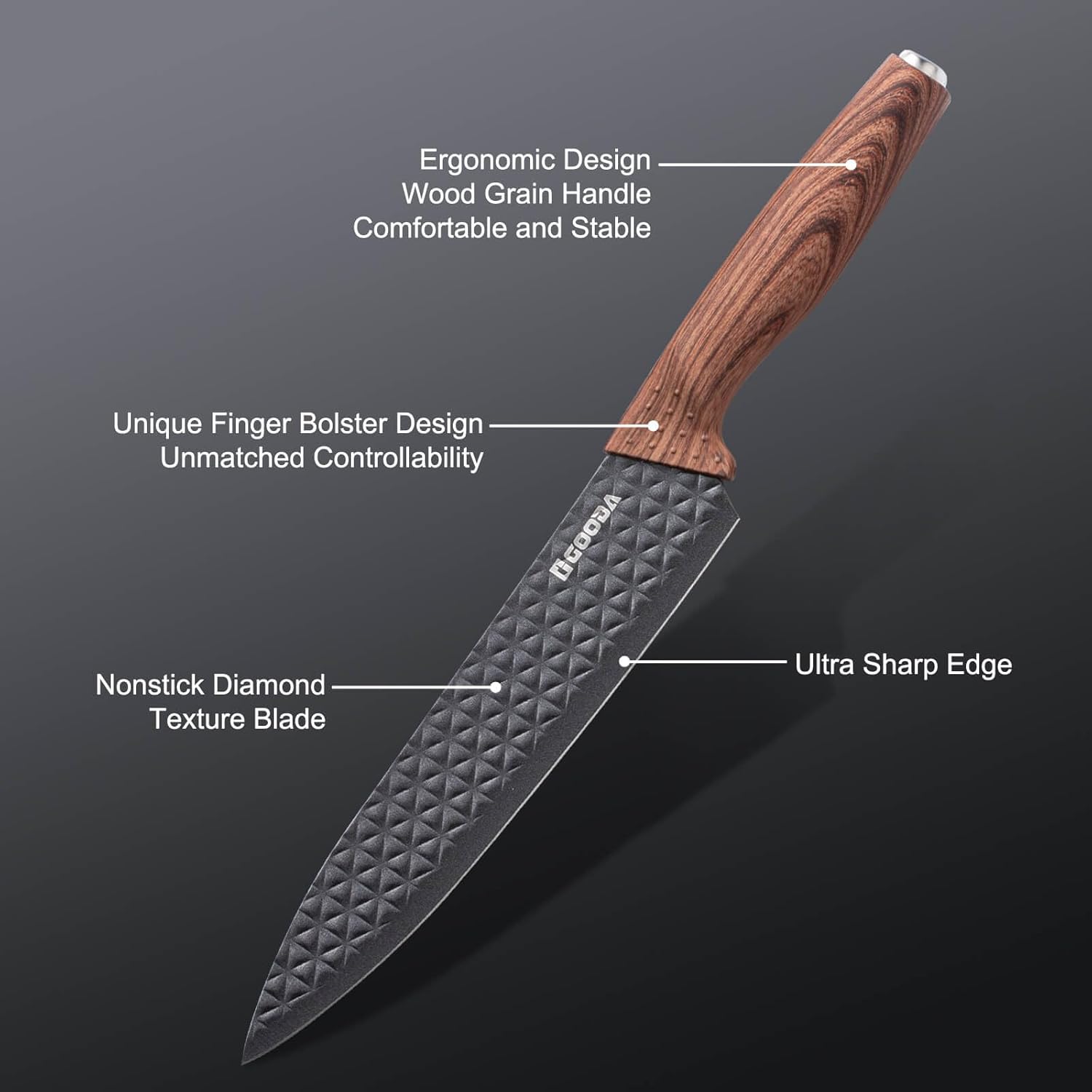 GOODA Kitchen Knife Set With Block,6-Piece Professional Chef Cooking Knives Set For Kitchen,Non-Stick Stainless Steel Knife Block Set - Image 2