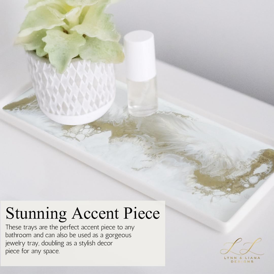 LYNN & LIANA Small Ceramic Resin Tray - 9 Inch Jewelry Tray Nightstand Organizer Vanity Trays for Bathroom Countertop Trendy Home Decor Catch All Trays - Gold Quartz