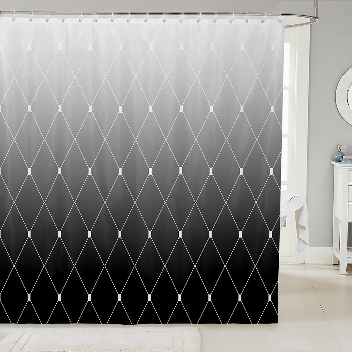 jejeloiu Black and White Bath Curtain Kids Black Ombre Geometric Bathroom Waterproof Accessories with 12 Hooks for Boys Girls Teens Modern Shower
