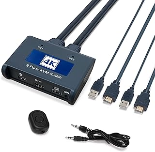 KVM Switcher HDMI 2 Port Box with Cables for 2 Computers Share One 4K@30Hz Monitor and 2 USB Devices Keyboard Mouse USB HDMI Switch Selector