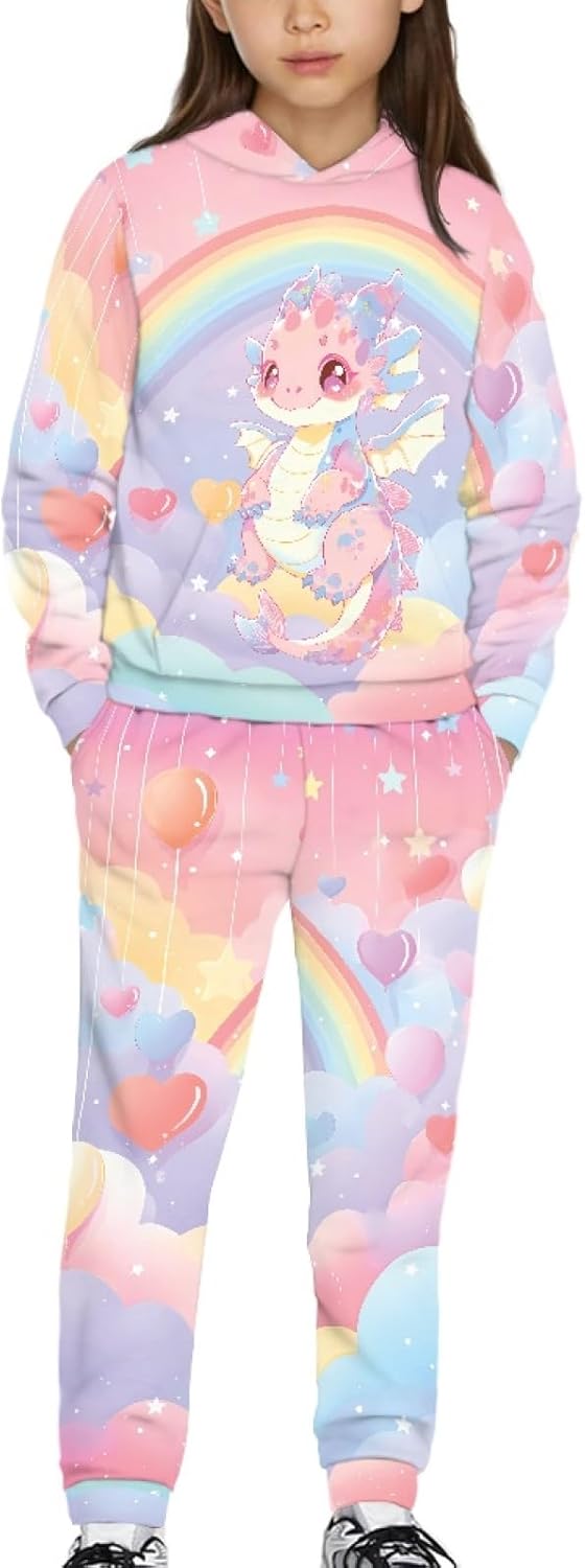 Girls Athletic Hoodie Set Size 4-12 Soft Kids Sweatsuit Sets 2025 Fall Long Sleeve Sweatshirt Jogger Pant Set