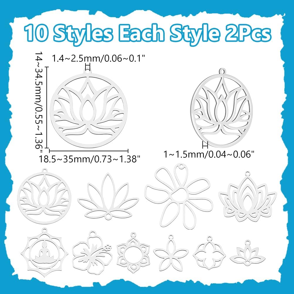 WADORN 20Pcs 10 Styles Open Back Bezel Frame Pendants, Stainless Steel Hollow Lotus Flower Charms Hollow Flower Yoga Frame Dangle Charms for DIY Jewelry Making Resin Necklace Bracelet Earring - Image 2