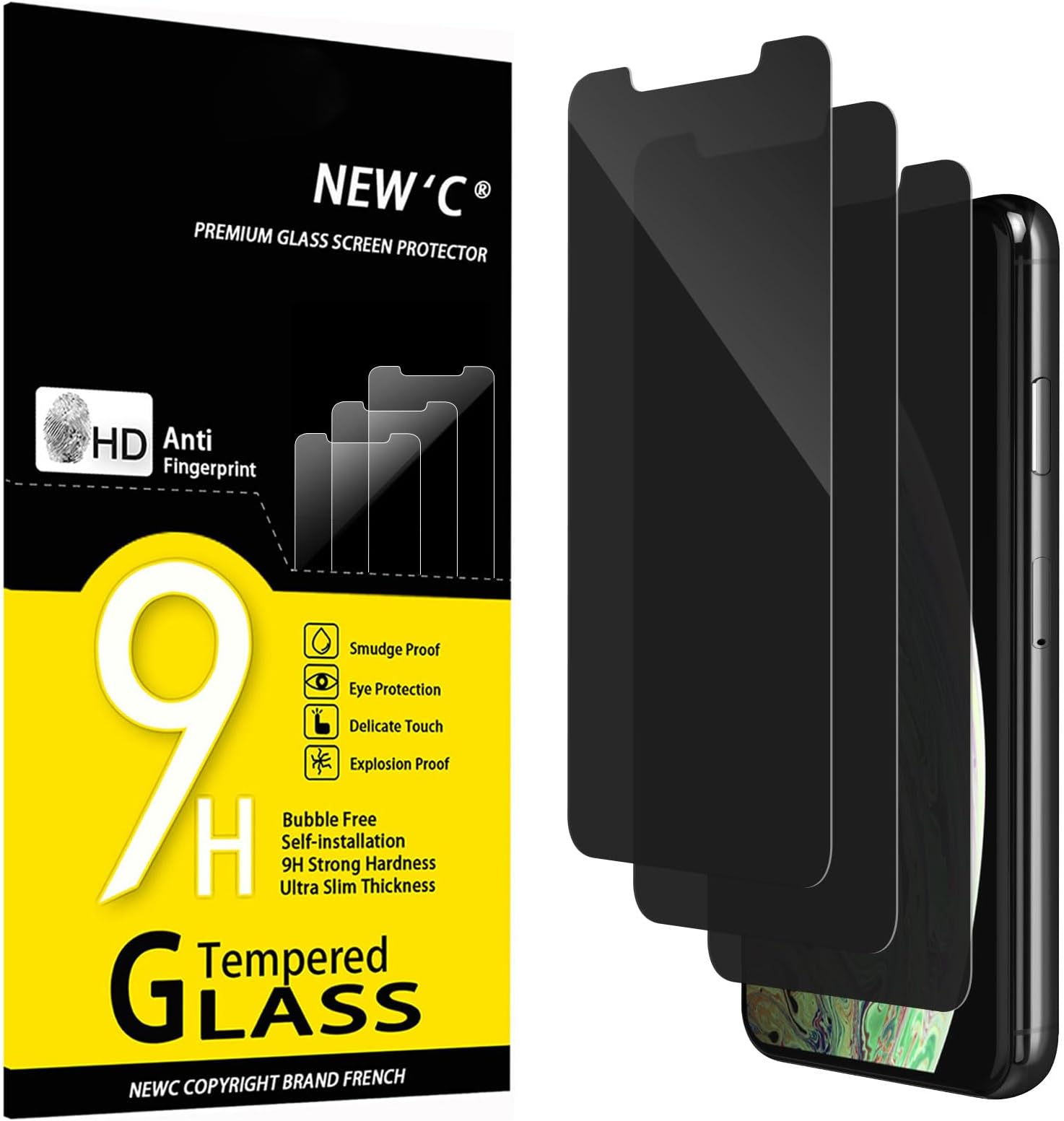 NEW'C 3 Pack Privacy for iPhone 11 Pro Max, iPhone XS Max Screen Protector (6.5"), Balanced 35-Degree Privacy Angle with Eye Protection, Ultra Durable 9H Hardness, Bubble-Free