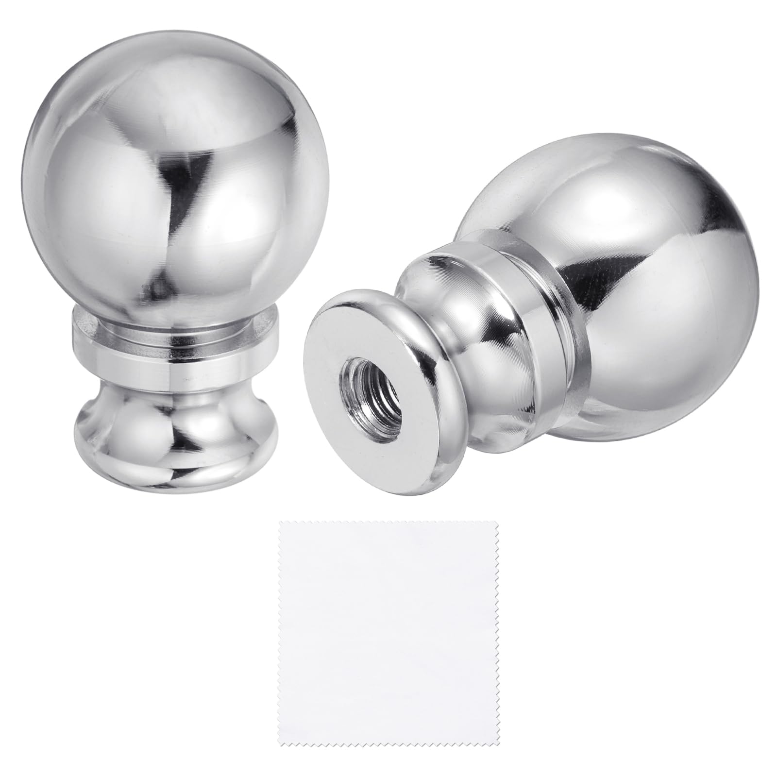 sourcing map 2Pcs 1.5" Ball Tall Lamp Finials, 1/4-27 Thread Lamp Cap Knob Decoration Screw Cap Nuts with Cleaning Cloth for Table Floor Lighting Fixtures Shade Holder Decor, Silver