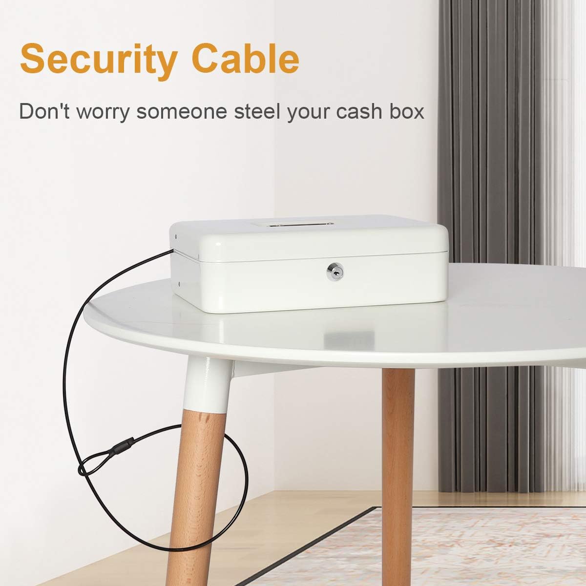 Jssmst Large Locking Cash Box with Money Tray, Lock Box with Security Cable Metal Money Box with Key Lock, White : Office Products