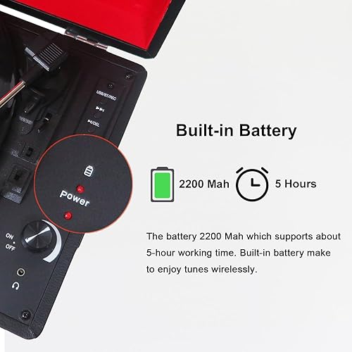 Miniatura 3 de Tocadiscos de vinilo Bluetooth vintage negrorojo  tocadiscos portátil de 3 velocidades con batería y altavoces integrados, reproducción USB