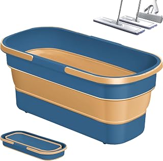 Large Collapsible Mop Bucket with Wheels, Portable Folding Mop Bucket for House Cleaning, Camping, RV, Rectangular Tub Handy Basket for Cleaning Mop Space Saving Storage Blue
