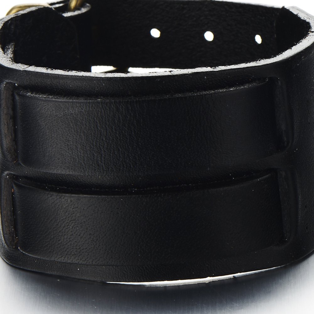COOLSTEELANDBEYOND Negro Pulsera Cuero Ancha, Pulsera de Hombre, Cuero Genuino Negro, con Dos Hebillas