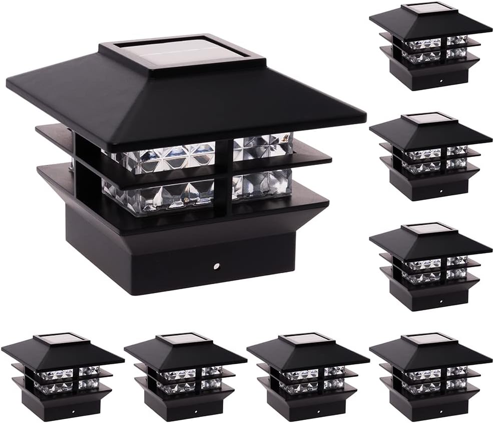 GreenLighting Executive Two Tier 12 Lumen Solar Post Cap Lights - LED Fence Solar Post Lights Outdoor Waterproof - Solar Deck Post Lights Solar Powered 4x4 Post Caps 4Pack Executive Black