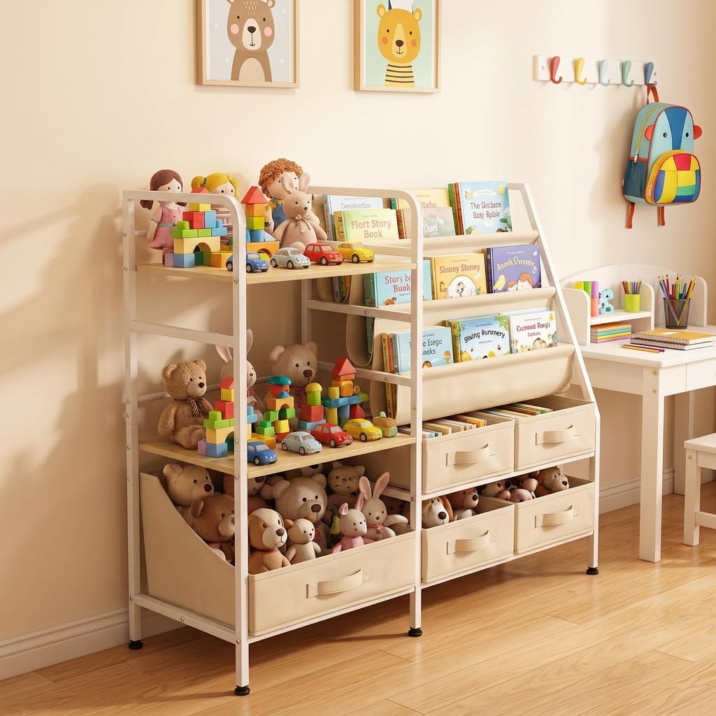 Kids Bookshelf and Toy Storage Organizer, 2-in-1 Montessori Bookshelf