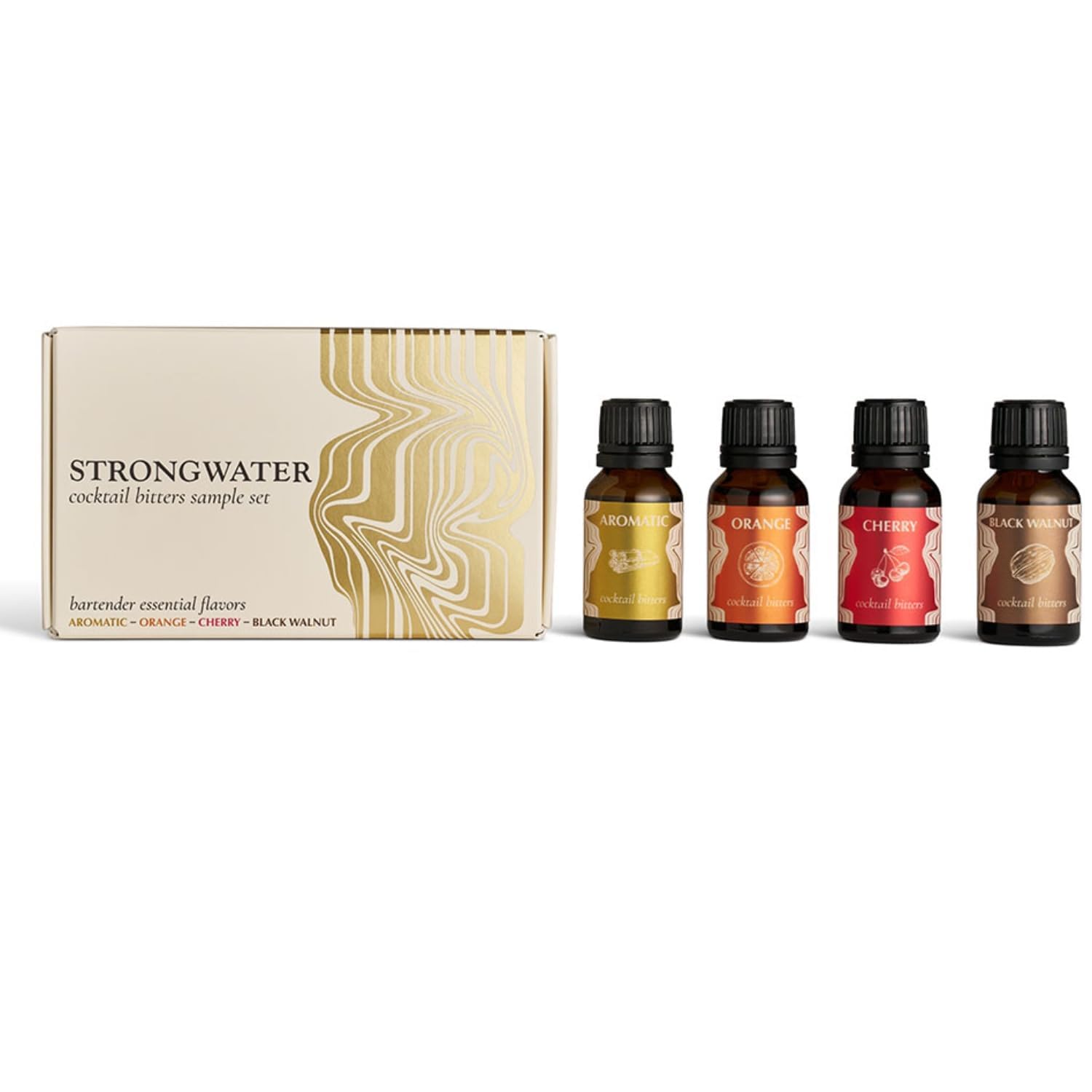 Strongwater Cocktail Bitters Sampler Set - Cocktail Bitters Set Makes 32 Cocktails - Bitters Gift Set w/Cherry, Aromatic, Black Walnut, Orange Bitters - 4 Bottles, 0.5 Fl Oz