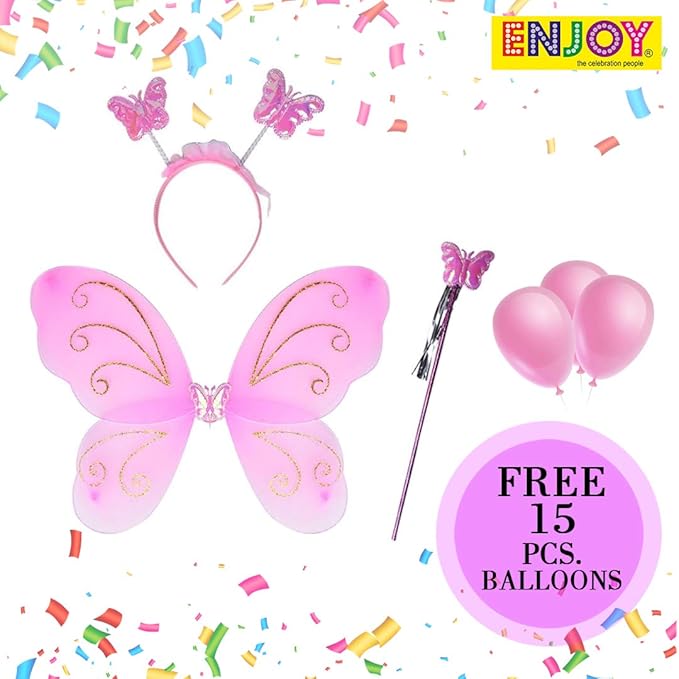 ENJOY the celebration people Butterfly Wings for Baby Girls with Matching Hair Band and Magic Wand and Free 15 Pieces of Balloons