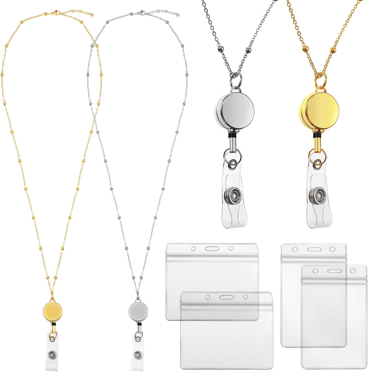 Outus 2 Pieces Badge Lanyard with ID Holders Stainless Steel Badge Name Tag Holders Necklace Retractable Reel Clip Chain Water Resistant for School Office(Gold, Silver)