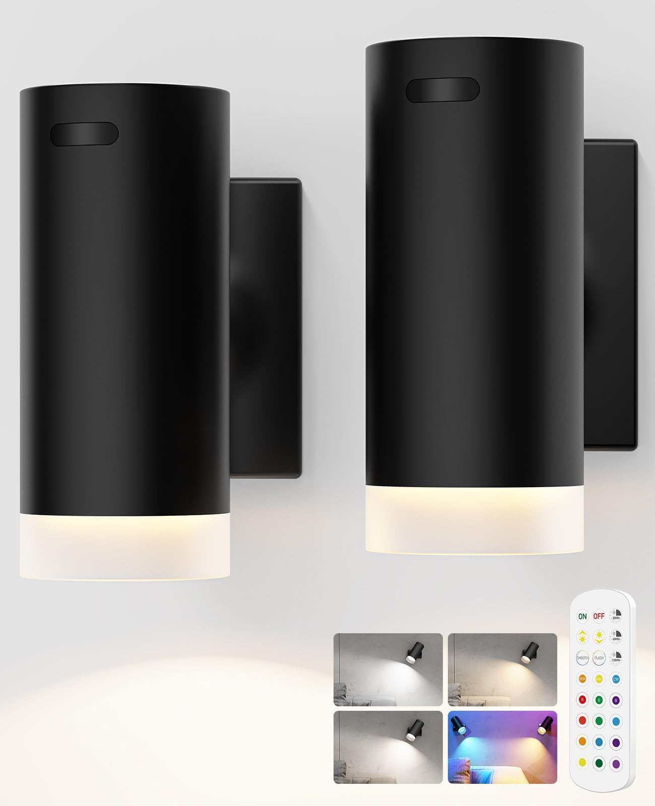 LABOREDUCER Battery Operated Wall Lights 2 Pack Rechargeable Wall Lights Indoor Touch Dimmable with Remote Control,Magnetic Wall Sconce Lights Battery Black Wireless LED Decor Lighting 3000mAh