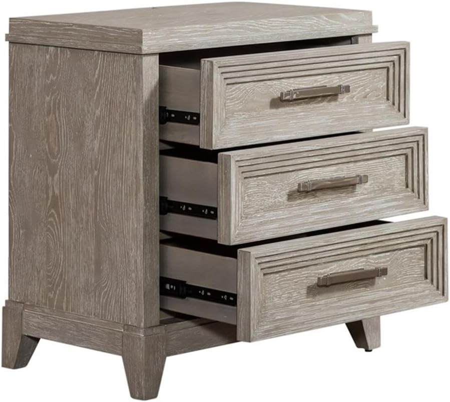 Pemberly Row Contemporary 3 Drawer Nightstand, Washed Taupe and Silver Champagne Finish, Rubberwood and Oak Veneers, 28 x 17 x 29 in, Satin Nickel Hardware, Bedroom Storage Furniture