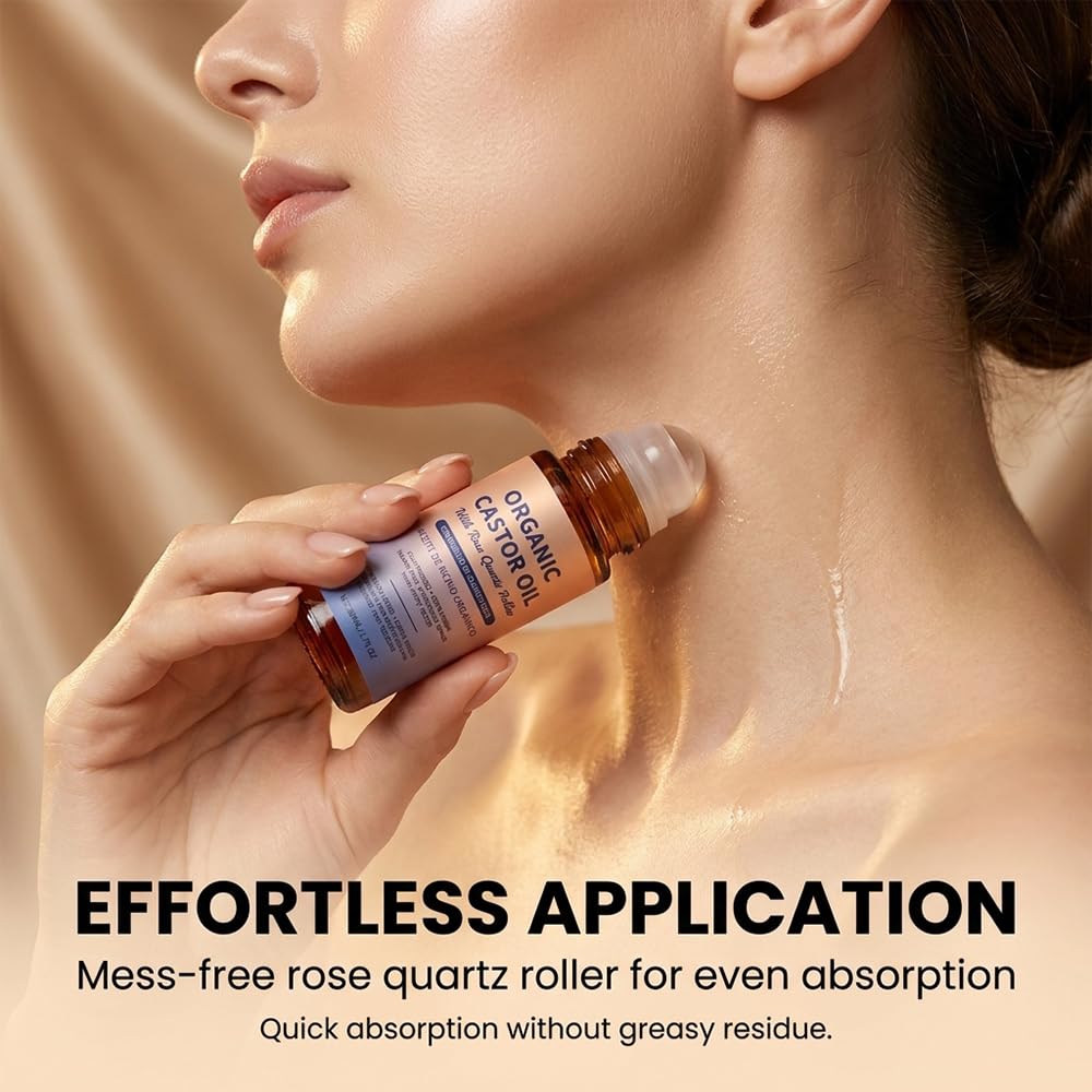 RAINPOT Organic Castor Oil Roll On with Rose Quartz Roller – 100% Cold Pressed Moisturizing Oil for Brows, Lashes, Face, Hairline & Dry Skin – Travel Friendly Leakproof Roller Bottle (1) - 2