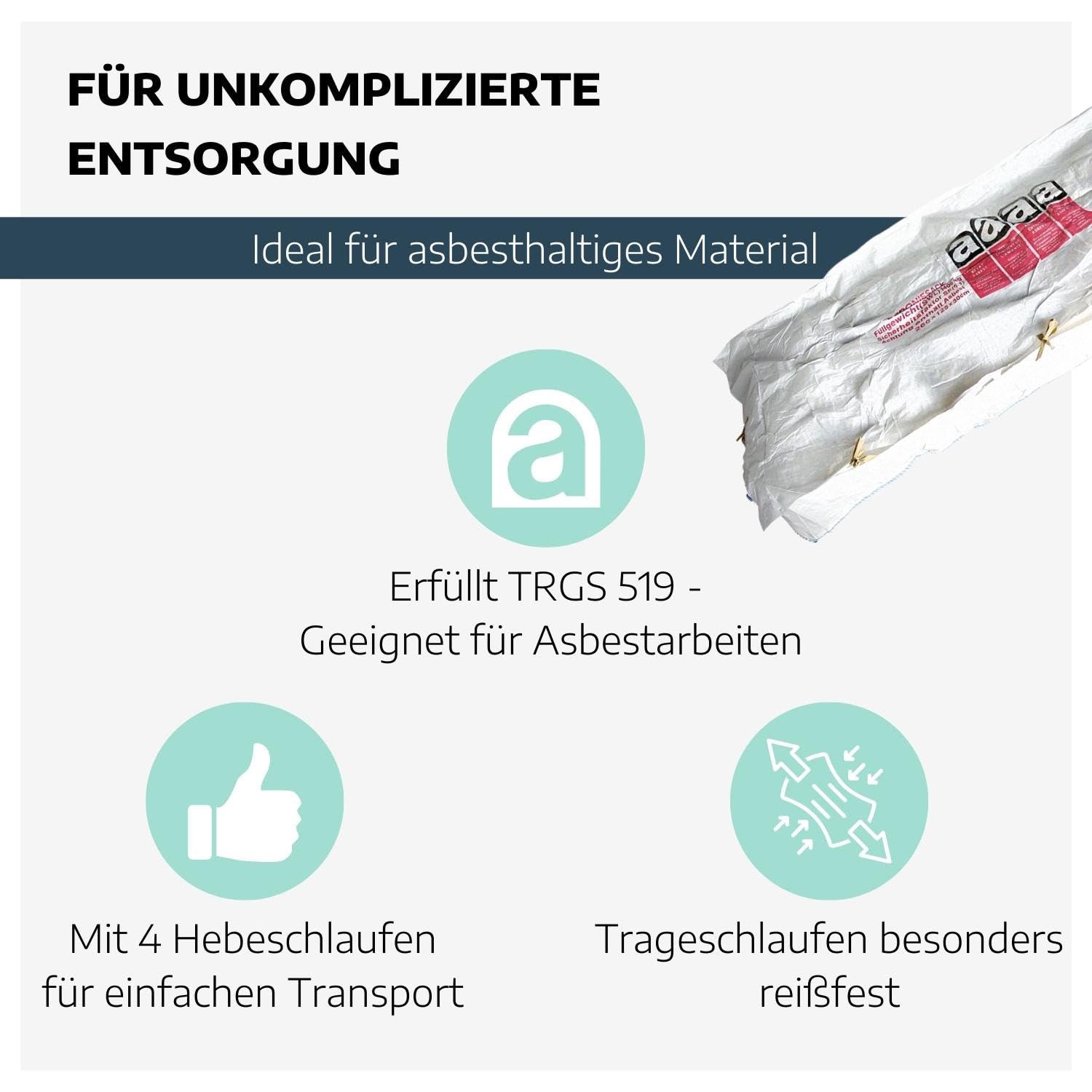 12 Stk. Plattenbag beschichtet 260 x 125 x 30 cm I Big Bag für Asbestplatten nach TRGS 519 I Asbest Sack mit Aufdruck I Asbest Big Bag SWL 1500 kg I für Berliner Welle geeignet