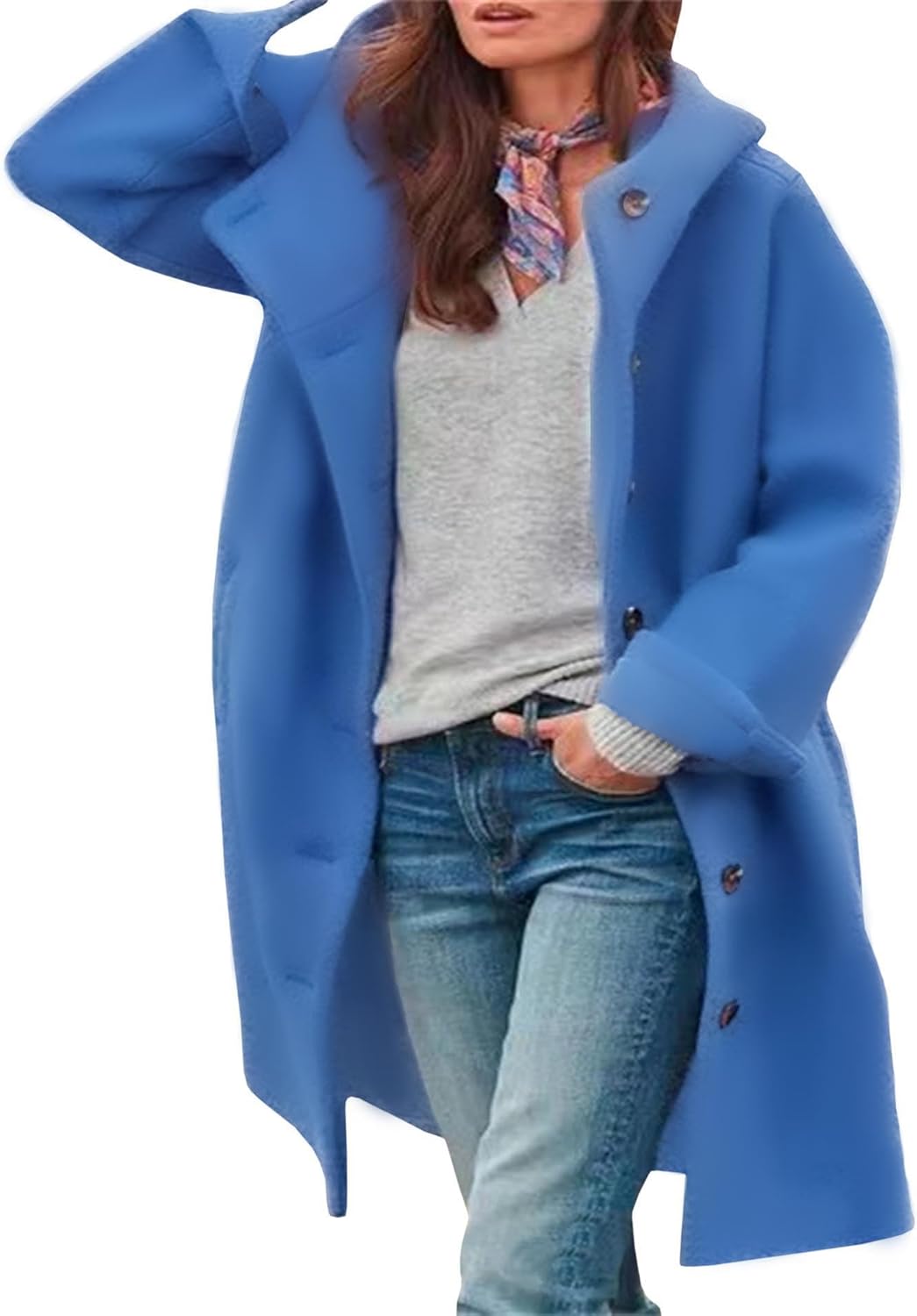 Sexyshine Women's Winter Wool Blend Mid-Long Coat Casual Hooded Single Breasted Pea Coat Hoodies Trench Coat Jacket