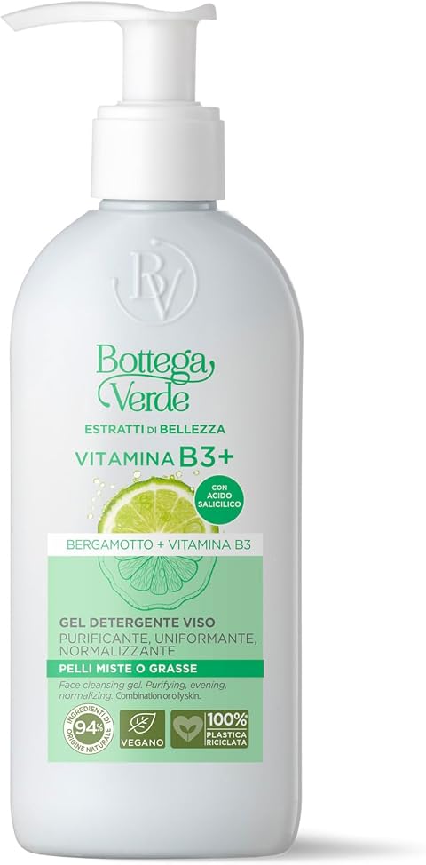 Bottega Verde - Gel Detergente Viso, Estratti di Bellezza, 200 ml, Purifica e Uniforma, Azione Normalizzante, per Pelli Miste o Grasse, con Bergamotto e Vitamina B3