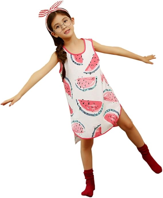 Amazon Wxik キッズパジャマ ワンピース 女の子 150cm 春夏 ノースリーブ 可愛い 薄手 快適 柔らかい ネグリジェ ルームウェア ナイトドレス ルームワンピース 部屋着 寝間着 3歳以上 ガールズ パジャマ キッズ 綿 ホワイト スイカ パジャマ 通販