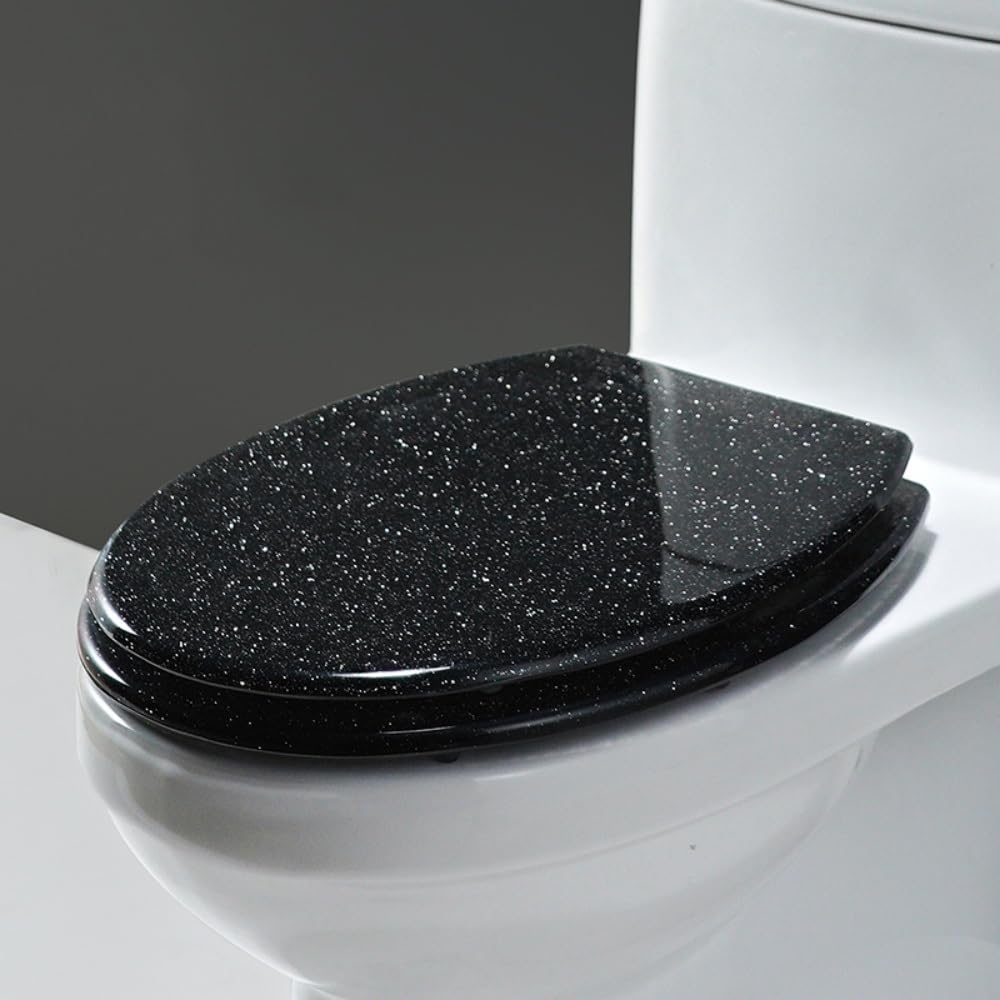 Shgclkd Black Soft-Close Resin Toilet Seat, Gold Glitter Seat With Steel Hinges(Black)