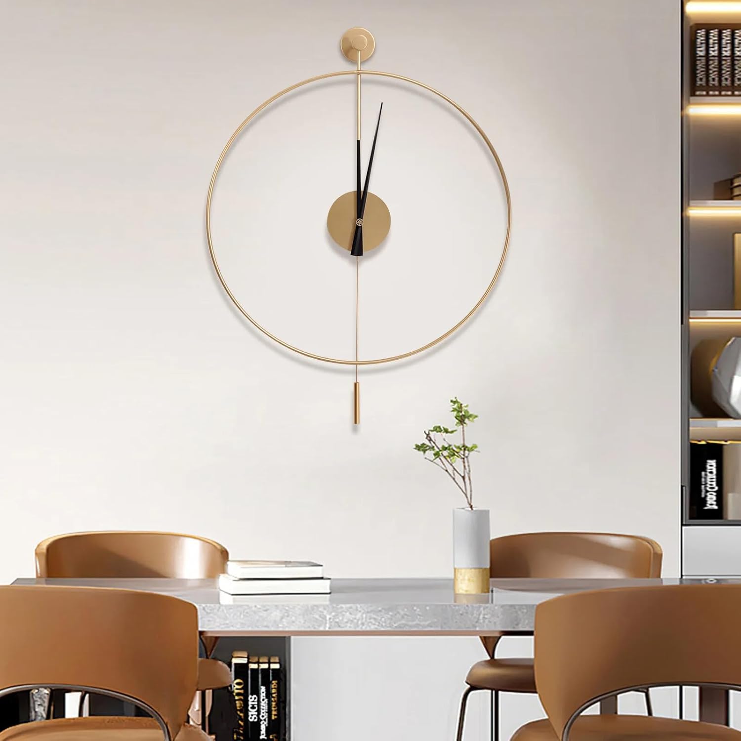 24" Large Modern Round Minimalist Wall Clock with Swing Pendulum, Non-Ticking Silent Quartz Mechanism Classical Nordic Wall Clock Minimalistic and Stylish, Gold