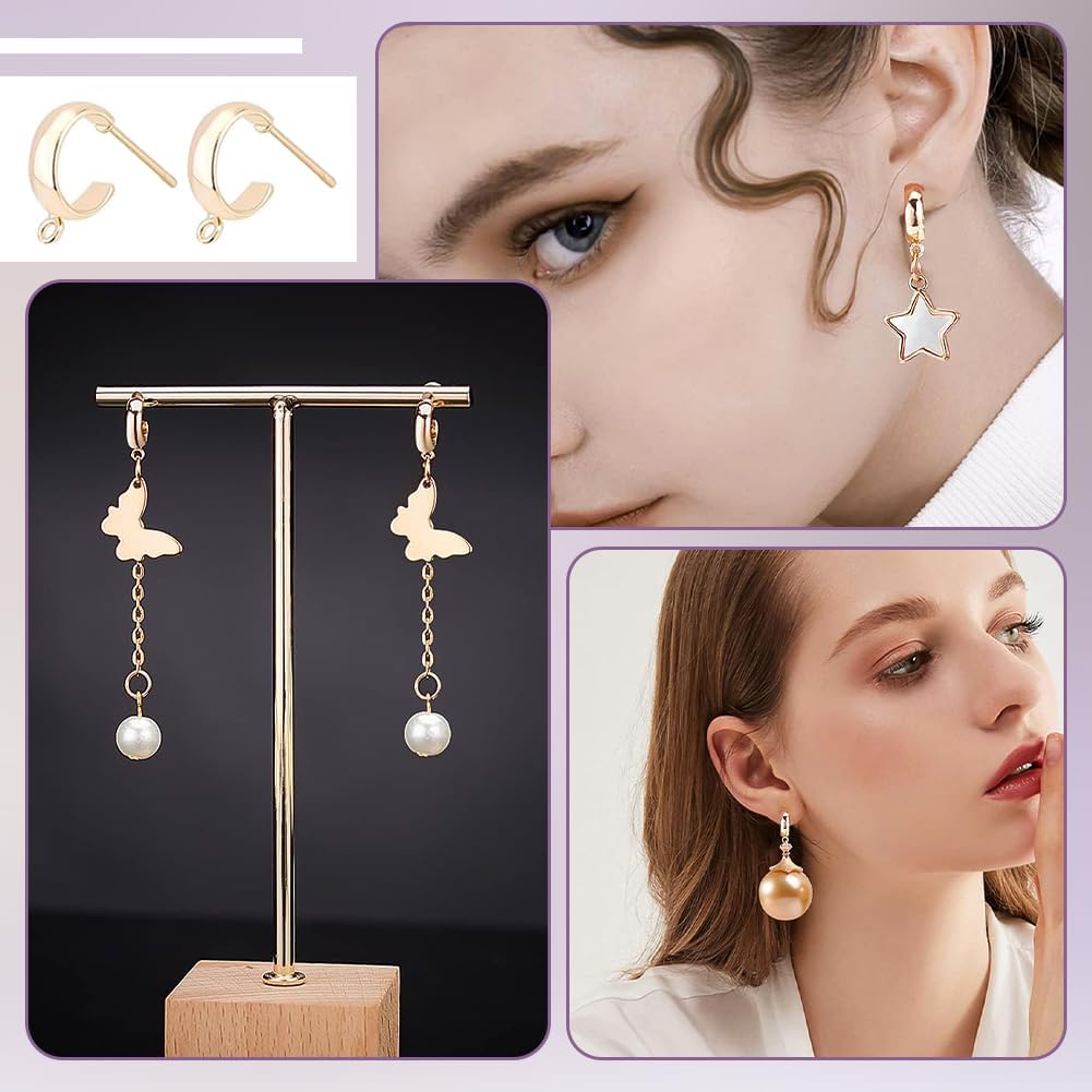 BENECREAT 32Pcs Real 18K Gold Plated Brass Stud Earring Findings with Loop, 13x3mm Half Hoop Brass Stud Posts with 40pcs Plastic Nuts for Earring Creations and Craft Projects
