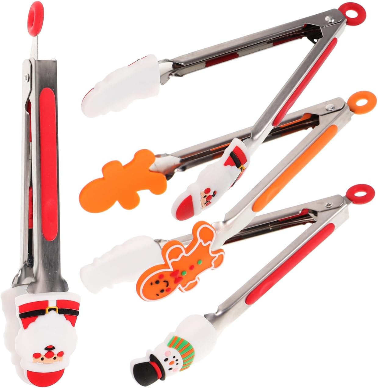 4Pcs Christmas Mini Silicone Tongs Christmas Party Buffet Serving Utensils Stainless Steel Food Tongs with Silicone Handles and Nylon Tips Send At Style