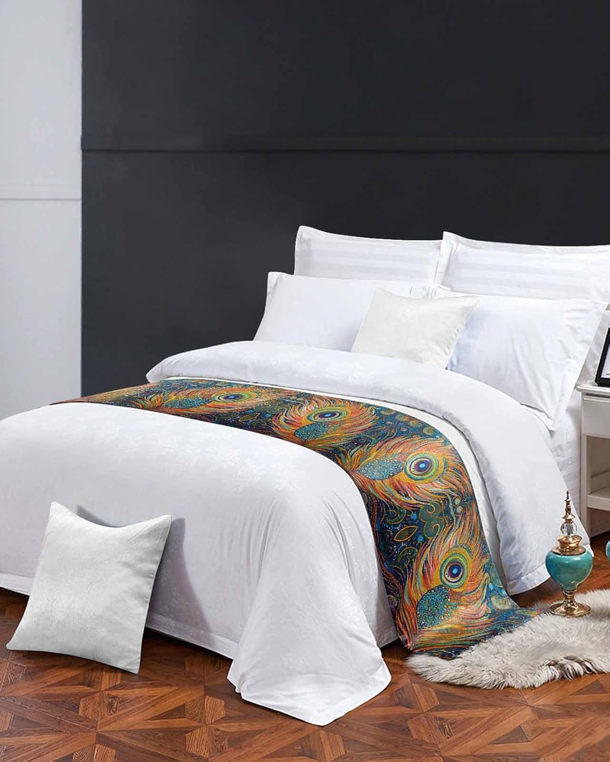 Bed Runner for Cal.King Size, Peacock Feathers Eye Decorative Scarf Throws for Foot of Bed, Abstract Vintage Boho Oil Painting Luxury Bedding Protector Slipcover Beds Runners for Hotel, 102 x 20 Inch