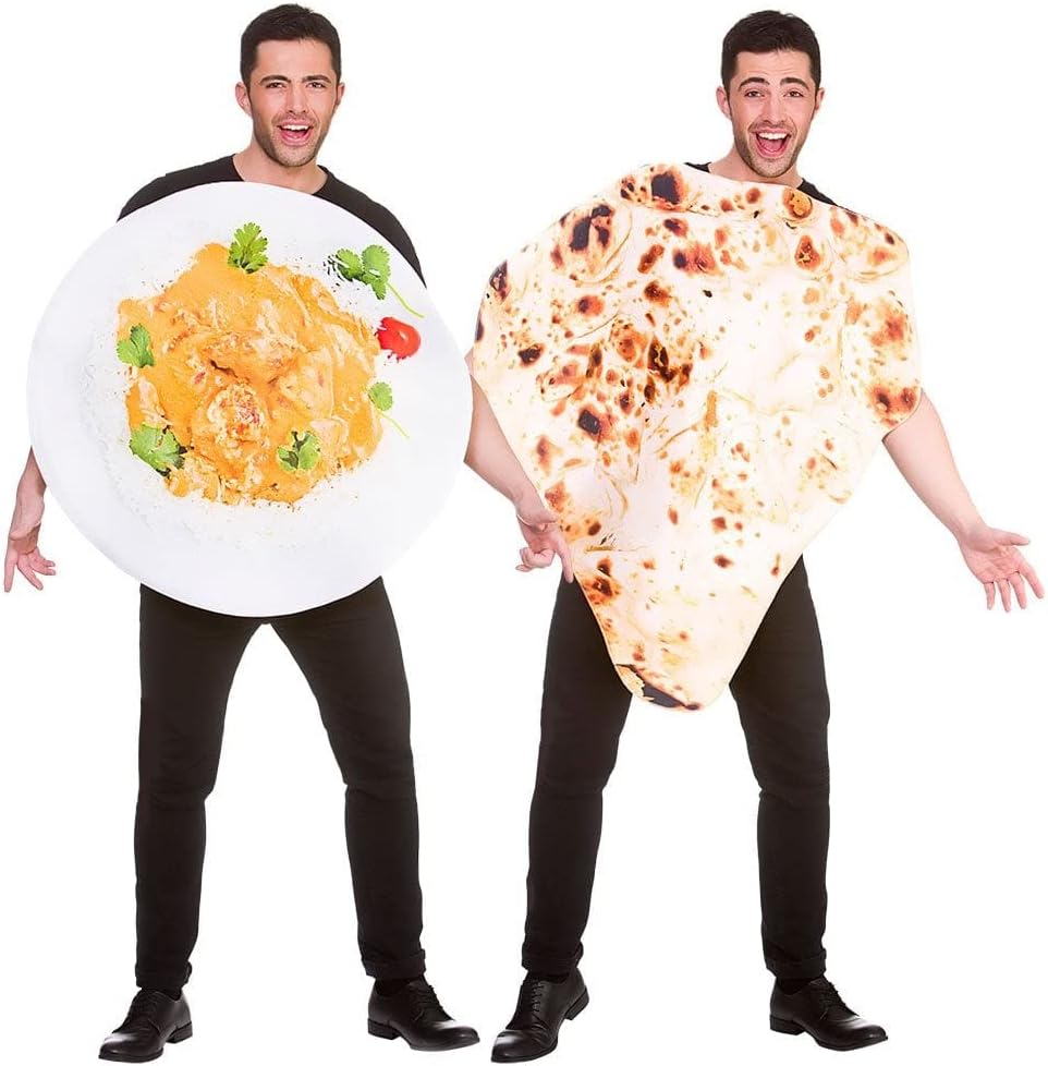 1 x Tikka Masala Costume + 1 x Naan Bread Costume : Adult Couples Friends Indian Food Curry Theme Stag Novelty Fancy Dress