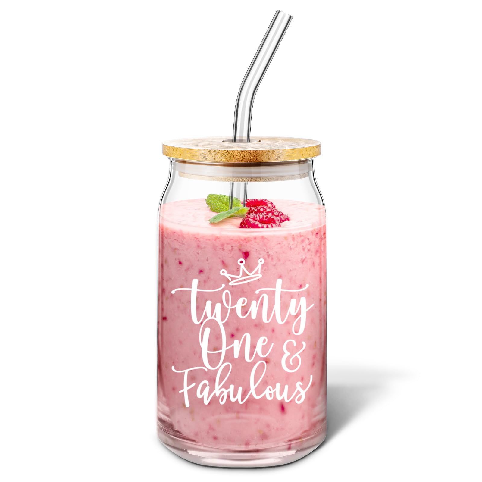 Nuanchu Birthday Glass Cups Gifts with Lid and Straw Not a Day over Fabulous Gifts 16th 21st 30th 40th 50th Birthday Decoration Clear Coffee Glass Cups for Women Coworker Employee Friend (21th)