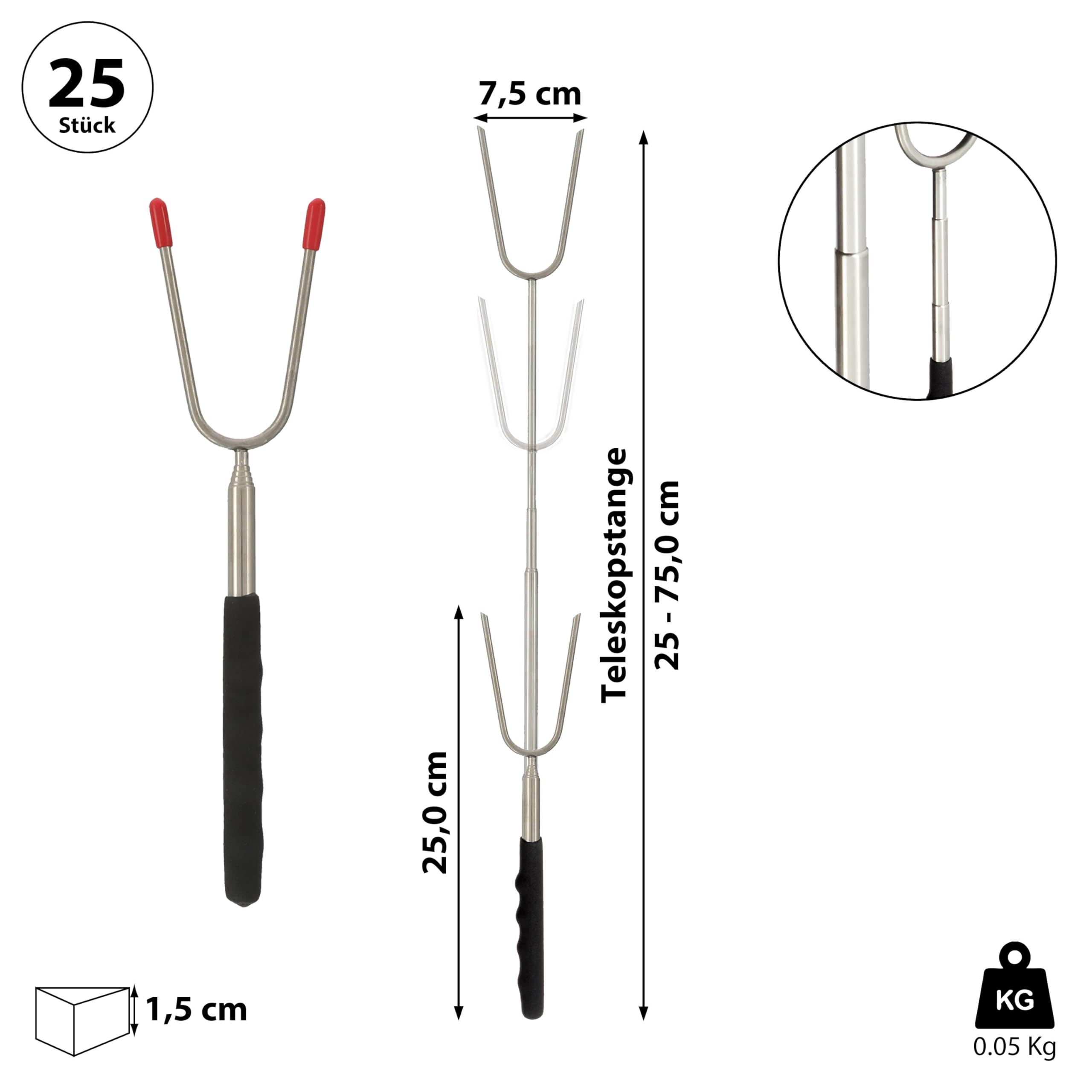 Set di 25 spiedini telescopici, in acciaio inox e PVC, 7,5 x 25 x 1,5 cm, 24 bis73 cm, nero e argento, forcella estensibile (1 set di 25 spiedini per barbecue)