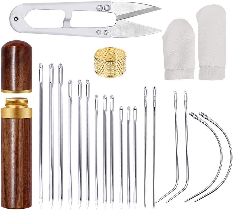 23 Pcs Sewing Needles Set, 18 Pcs Leather Needles Including Triangle Stitching Needles, Curved Needles and C-Type Needles, Scissor, Thimble for Leather Sewing Hand Stitching
