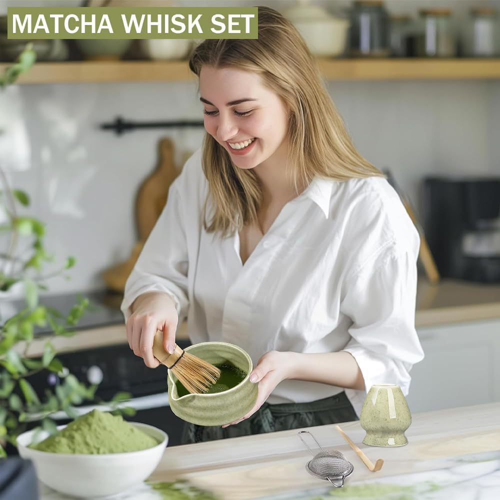 5 Stück Matcha Set, Bambus Matcha Besen, Keramik Matcha Schale mit Ausgießer, Matcha Whisk, Schaufel, Sieb, Matcha Tee Set Ohne Pulver, Ceremonial Matcha Starter Set (Weiß)