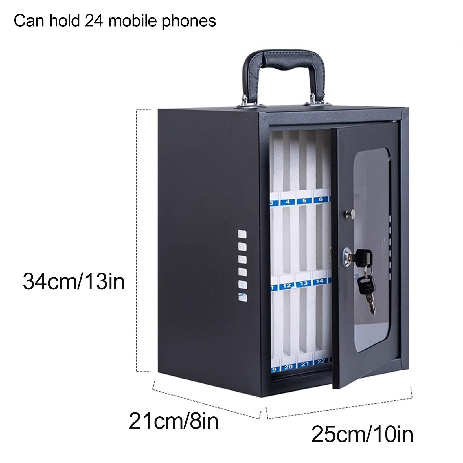 Armadietto di Sicurezza in Acciaio da Parete per cellulari con 12/24/36/48/60 Scomparti, Organizer Sicuro per scuole, uffici ed Eventi. Dimensioni: 25x21x34 cm / 10x8x13 Pollici.