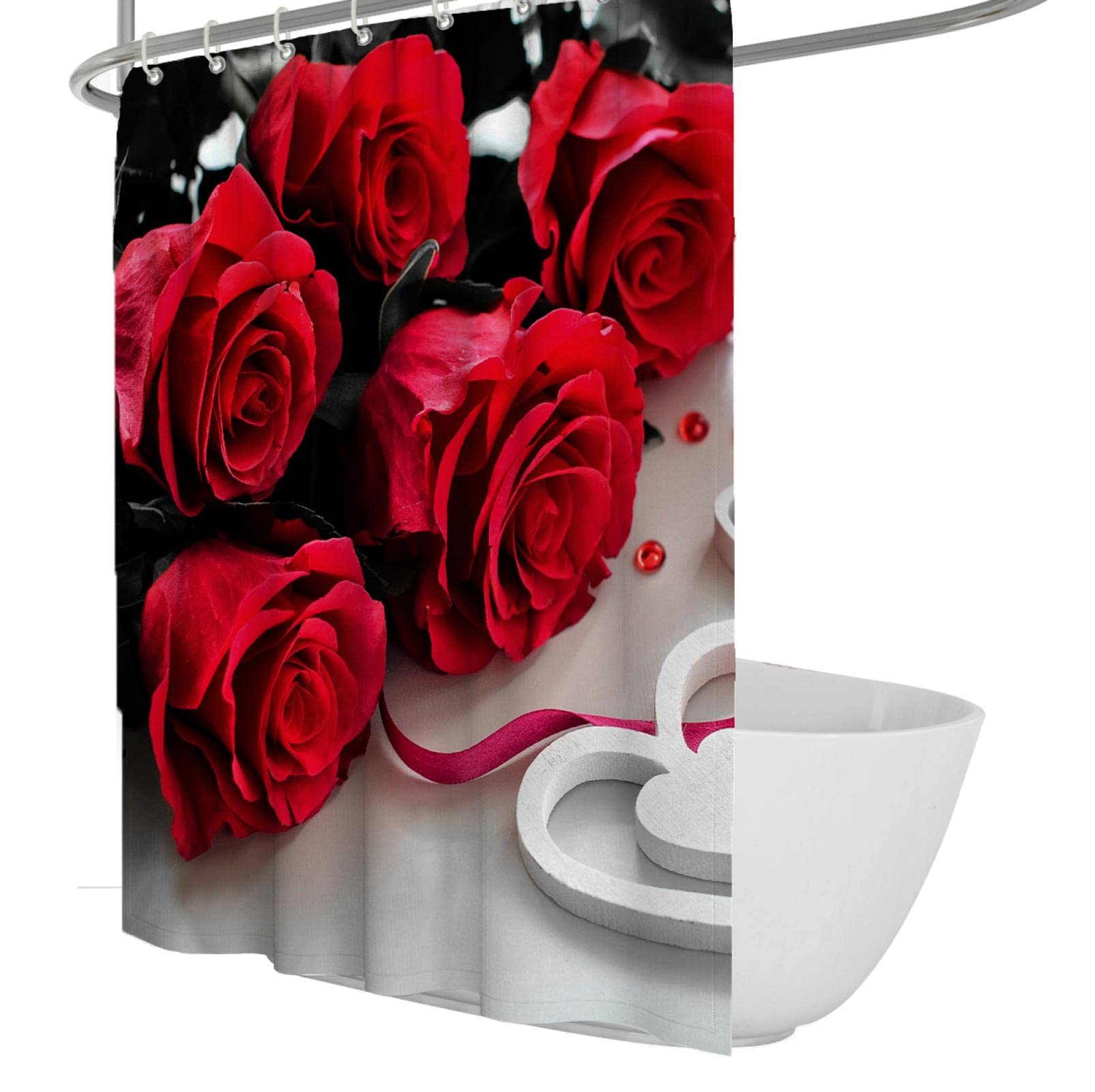 Moderne Florale Duschvorhänge Luxus Rote Rose Romantische Badezimmer Duschvorhang Sets Waschbarer Duschvorhang im Hotelstil mit Haken 200x180 cm