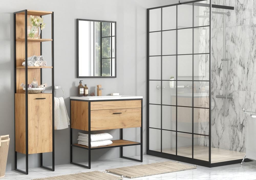 Metalowa szafka łazienkowa pod umywalkę szuflada 80 cm dąb loft złoty matowy - meble łazienkowe