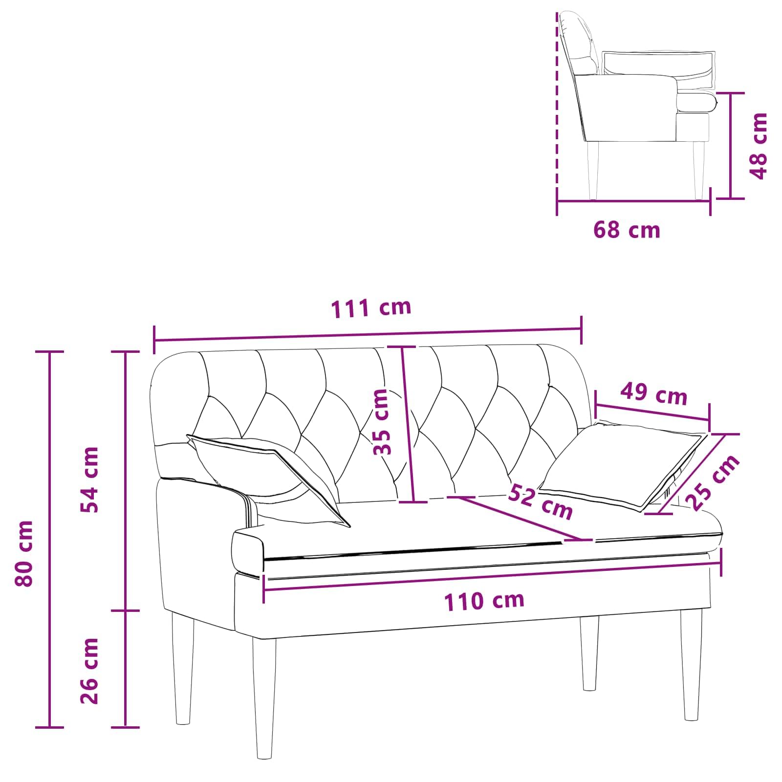 Banc 2 places avec boutons - Noir - 111 x 68 x 80 cm - Banc rembourré en tissu pour salon, chambre à coucher - Peu encombrant - Rembourré - Cadre en bois solide - Confortable - Polyvalent